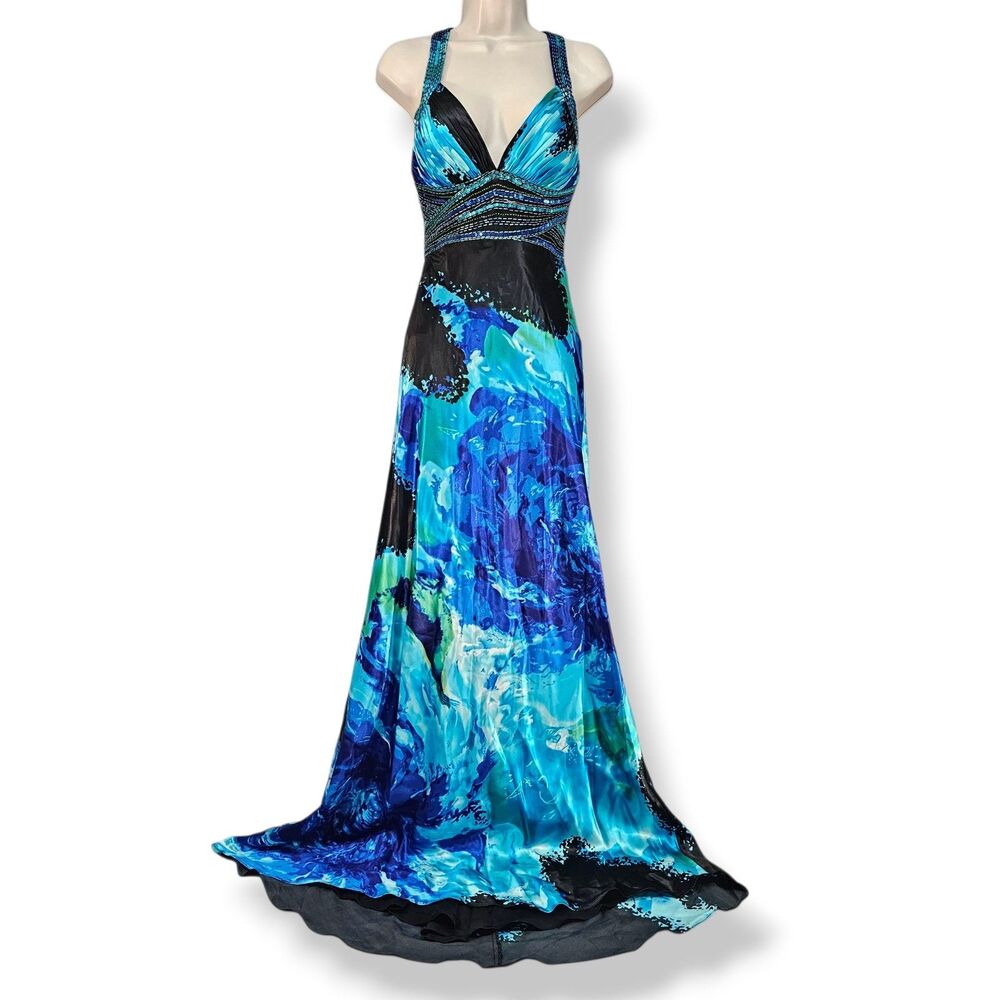 NV Couture Blue Sequin Open Back Evening Gown, Size 4, Strappy Maxi Dress